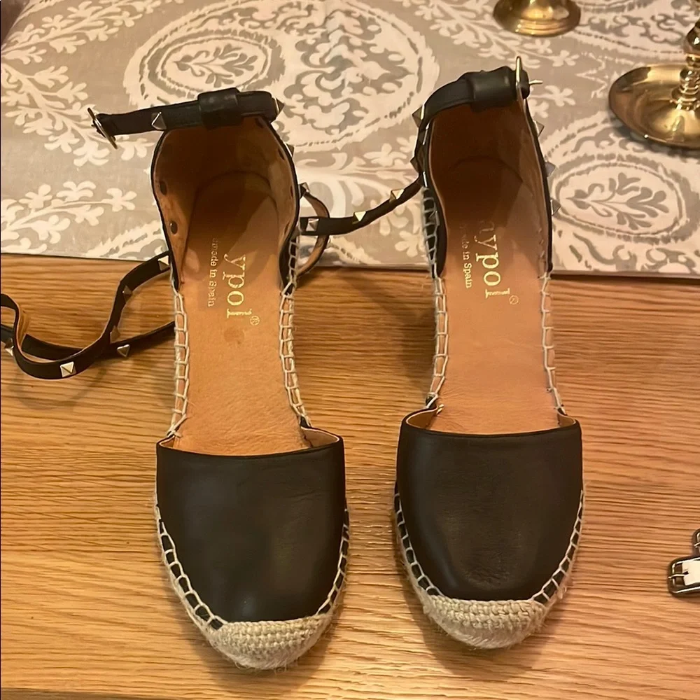 POL Black Leather Espadrille Ankle-Strap Flats